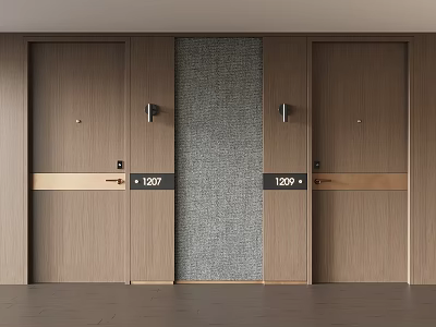 Hotel Room Doors With 1207 1209 Numbers Gray Textured Panel Gold Trim And Wall Lamps 3d model