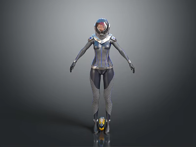 Futuristic Game Movie Character in Blue Silver Bodysuit with Helmet and Yellow Black Foot Gear 3d model