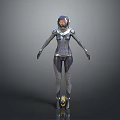 Futuristic Game Movie Character in Blue Silver Bodysuit with Helmet and Yellow Black Foot Gear