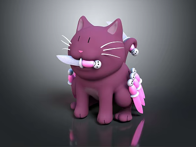 Cute Purple Cartoon Cat Doll Holding Small Knife With Decorative Wings 3d model
