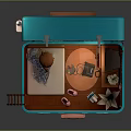 Open Blue Suitcase With Miniature Room Interior Featuring Bed Mirror And Small Furniture