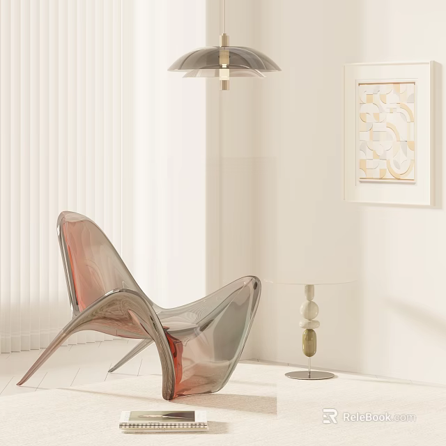 Transparent Acrylic Dining Chair with White Blinds Pendant Light and Decorative Art in Interior 3d model 
