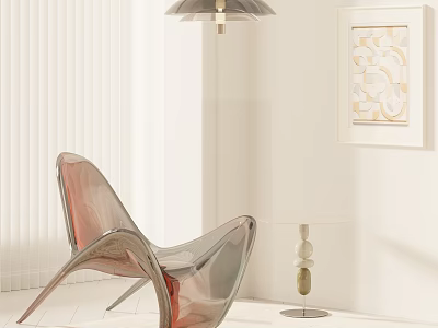 Transparent Acrylic Dining Chair with White Blinds Pendant Light and Decorative Art in Interior 3d model
