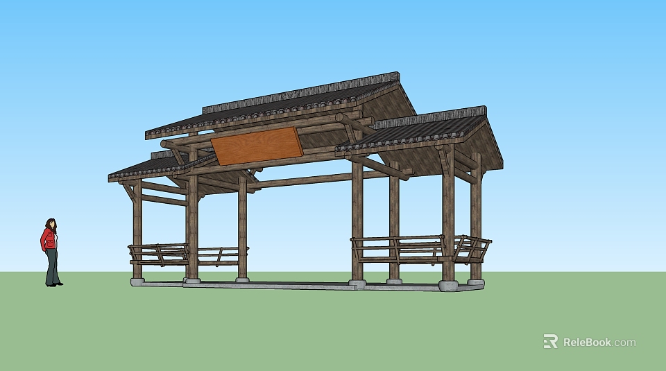 Traditional Style Landscape Pavilion Featuring Wooden Columns Benches Tile Roof And Orange Plaque 3d model 