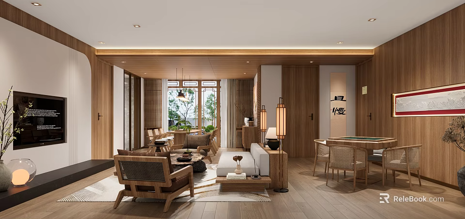 Modern Hotel Room Interior With Wooden Furniture Comfortable Sofa Coffee Table And Window 3d model 