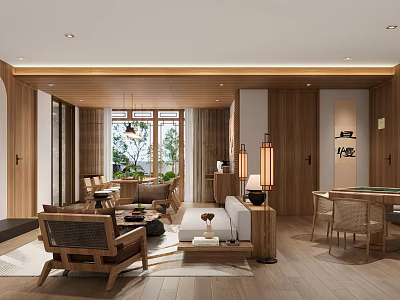 Modern Hotel Room Interior With Wooden Furniture Comfortable Sofa Coffee Table And Window 3d model