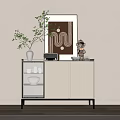 Modern Minimalist Sideboard In Neutral Room With Vase Plant Mirror And Patterned Rug