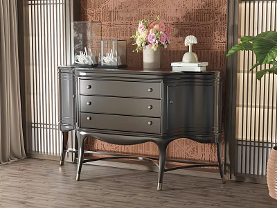 Elegant Entryway Cabinet Sideboard With Vase Flowers Glass Containers Books Decorations And Brick Wall 3d model