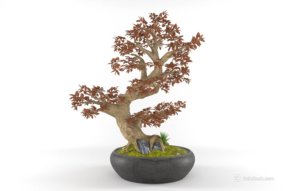 Bonsai Tree With Curved Trunk Red Leaves In Black Round Pot Green Moss And Stones 3d model 
