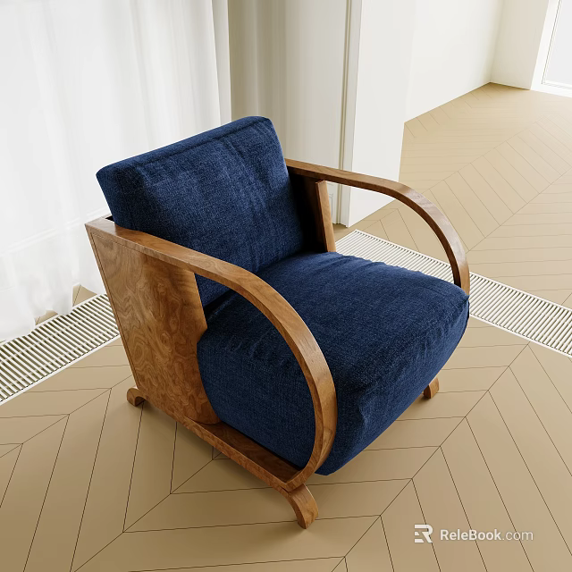 Blue Velvet Armchair With Curved Wooden Armrests And Light Wooden Floor 3d model 