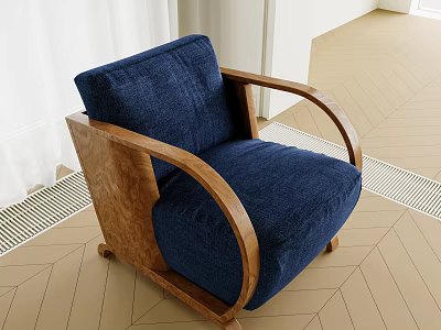 Blue Velvet Armchair With Curved Wooden Armrests And Light Wooden Floor 3d model