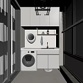 Modern Laundry Room With Front Load Washing Machine Sink Cabinet And City View Window
