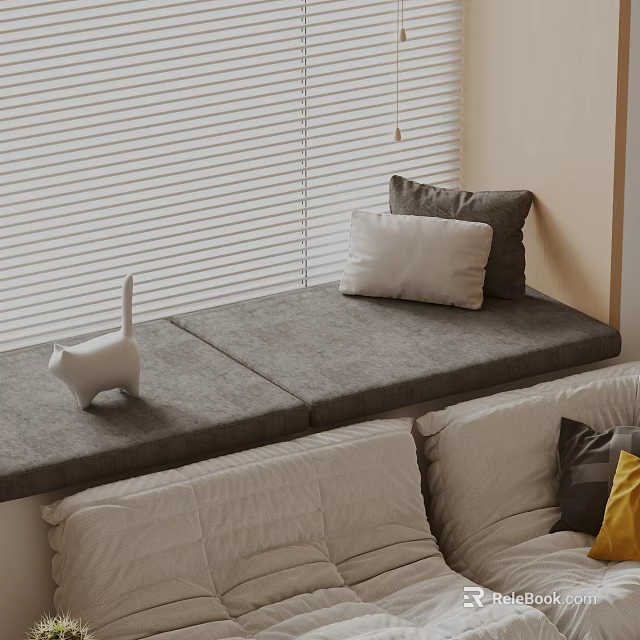 Light Beige Sofa Coffee Table Set With Window Blinds Pillows And White Cat Figurine 3d model 