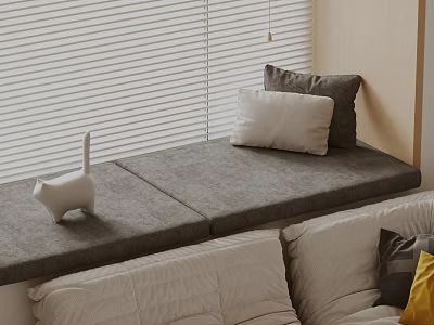 Light Beige Sofa Coffee Table Set With Window Blinds Pillows And White Cat Figurine 3d model