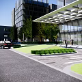 Dianshan Lake Modern Entrance Gate With Green Vertical Garden Red Trees And Brick Paved Ground
