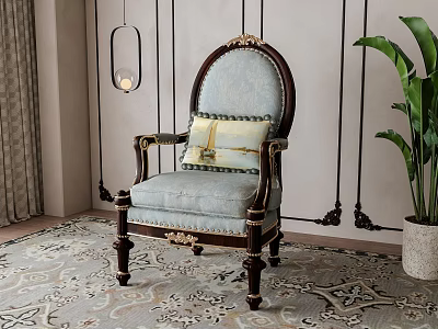 Elegant Classical Dining Chair With Light Blue Upholstery Dark Wooden Frame And Decorative Pillow 3d model