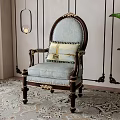Elegant Classical Dining Chair With Light Blue Upholstery Dark Wooden Frame And Decorative Pillow