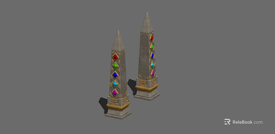 Two Tall Towers With Colorful Gems And Pointed Tops On Decorative Bases 3d model 