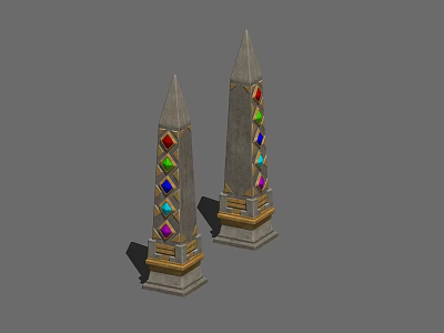 Two Tall Towers With Colorful Gems And Pointed Tops On Decorative Bases 3d model
