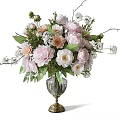 Transparent Glass Vase With Pink White Peonies And Green Leaves Flower Arrangement