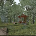 Tranquil Park Landscape With Tall Trees Wooden Gazebo Winding Path And Lush Grass