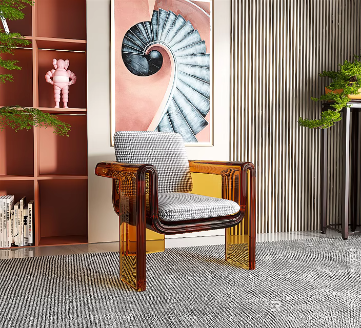 Stylish Leisure Chair with Amber Acrylic Frame and Plaid Cushion in Interior with Spiral Art 3d model 