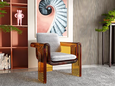 Stylish Leisure Chair with Amber Acrylic Frame and Plaid Cushion in Interior with Spiral Art 3d model