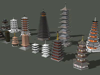 Various Traditional Ancient Towers With Diverse Architectural Styles And Layered Structures 3d model