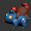 Cute Blue Creature With Red Mushrooms And Wooden Back Structure Tongue Out