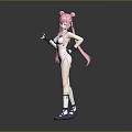 Cute Child With Pink Hair Twin Ponytails White Outfit Purple Shoes Gray Background