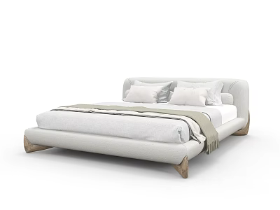Modern Minimalist Double Bed With Wooden Legs Light Fabric Pillows Sheets And Throw Blanket 3d model