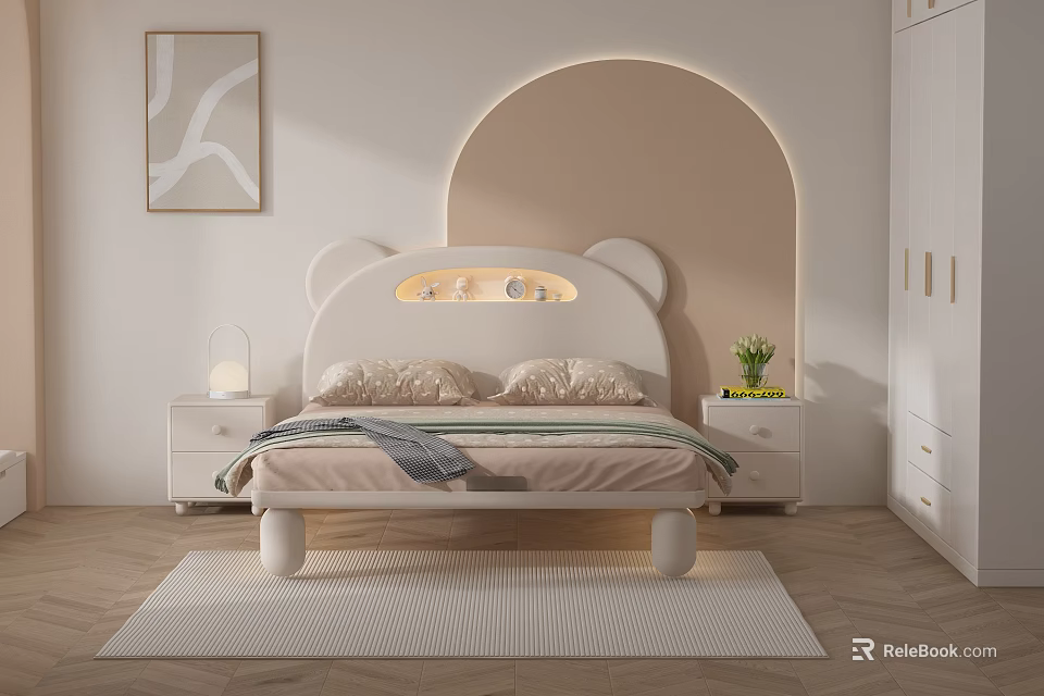 Cute Kids Bed Bear Ear Design Headboard Moon Star Decor Nightstands Lamp Plant Cozy Rug 3d model 