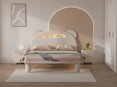 Cute Kids Bed Bear Ear Design Headboard Moon Star Decor Nightstands Lamp Plant Cozy Rug 3d model