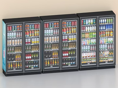 Three Upright Glass Door Refrigerators Filled with Various Bottled and Canned Beverages Neatly Arranged Colorfully 3d model