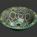 Colorful Hand Carved Ceramic Basin With Intricate Geometric Patterns And Vibrant Designs