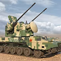 Military Functional Vehicle Featuring Twin Cannons Radar Camouflage Paint XT003 Red Star On Desert Terrain