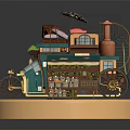 Vintage Green Mobile Food Truck with Roof Plants Stairs and Flower Display on Gold Platform
