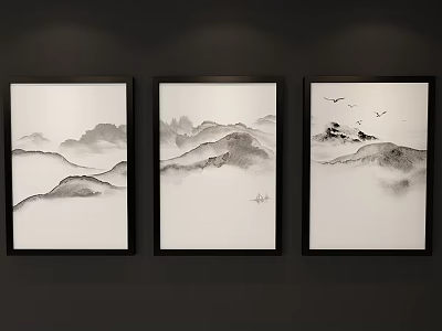 Three Chinese Ink Landscape Paintings With Mountains Clouds Boat And Birds In Black Frames 3d model