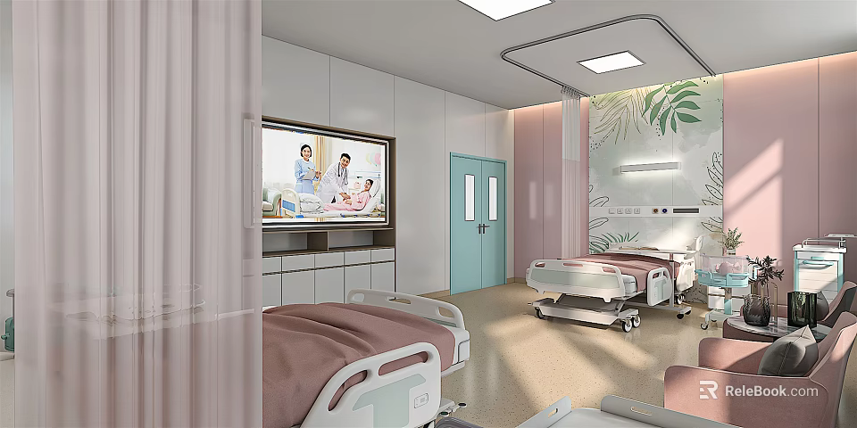 Modern Hospital Room With Medical Beds Green Door Large Screen TV And Plant Decor 3d model 