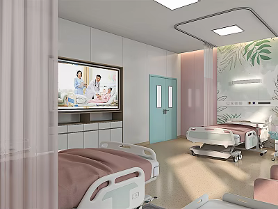 Modern Hospital Room With Medical Beds Green Door Large Screen TV And Plant Decor 3d model