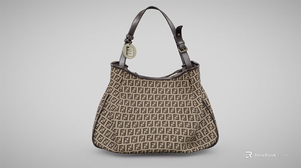 Stylish Brown and Beige Geometric Pattern Handbag with Leather Handles and Metal Clasp 3d model 