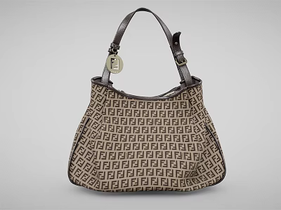 Stylish Brown and Beige Geometric Pattern Handbag with Leather Handles and Metal Clasp 3d model