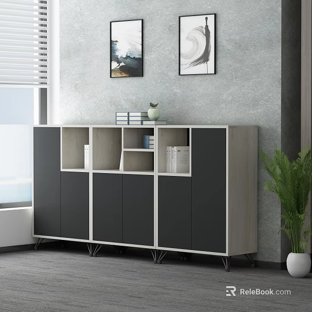 Modern Gray White File Cabinet with Open Shelves Closed Cabinets and Storage in Office 3d model 