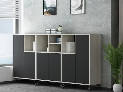 Modern Gray White File Cabinet with Open Shelves Closed Cabinets and Storage in Office 3d model
