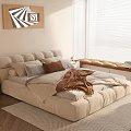 Beige Modern Double Bed With Pillows Blanket Rug And Decorative Wall Art