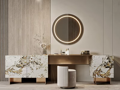 Modern Elegant Dressing Table Interior With Round Illuminated Mirror Marble Cabinets Gold Base And Stool 3d model