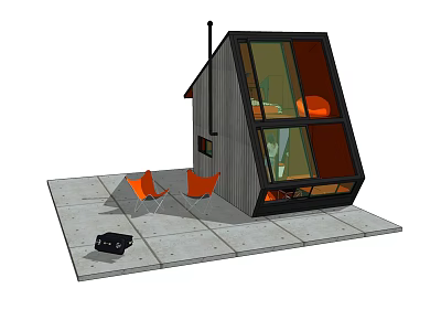 Small Gray Structure Featuring Slanted Glass Windows Orange Furniture And Outside Chairs On Concrete Floor 3d model