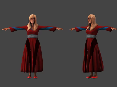 Woman With Blonde Hair In Red Long Dress And Gray Belt Red Shoes Arms Outstretched 3d model