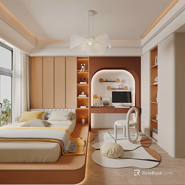 Modern Tatami Bedroom Interior Design With Bed Wooden Shelves Desk Chair And Window 3d model 