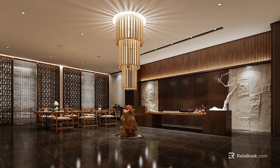 Traditional Chinese Teahouse Interior Design With Wooden Decor Chandelier And Reception Counter 3d model 